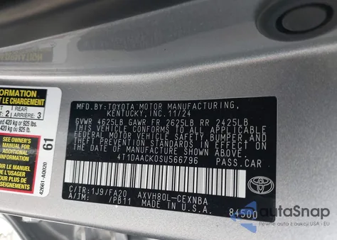 2025 Toyota Camry Le z USA, uszkodzony, nr VIN 4T1DAACK0SU566796